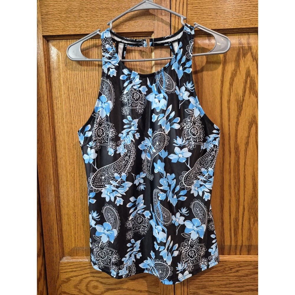 Holipick Paisley Floral Racerback Tankini Swim Top Black Blue White Size L